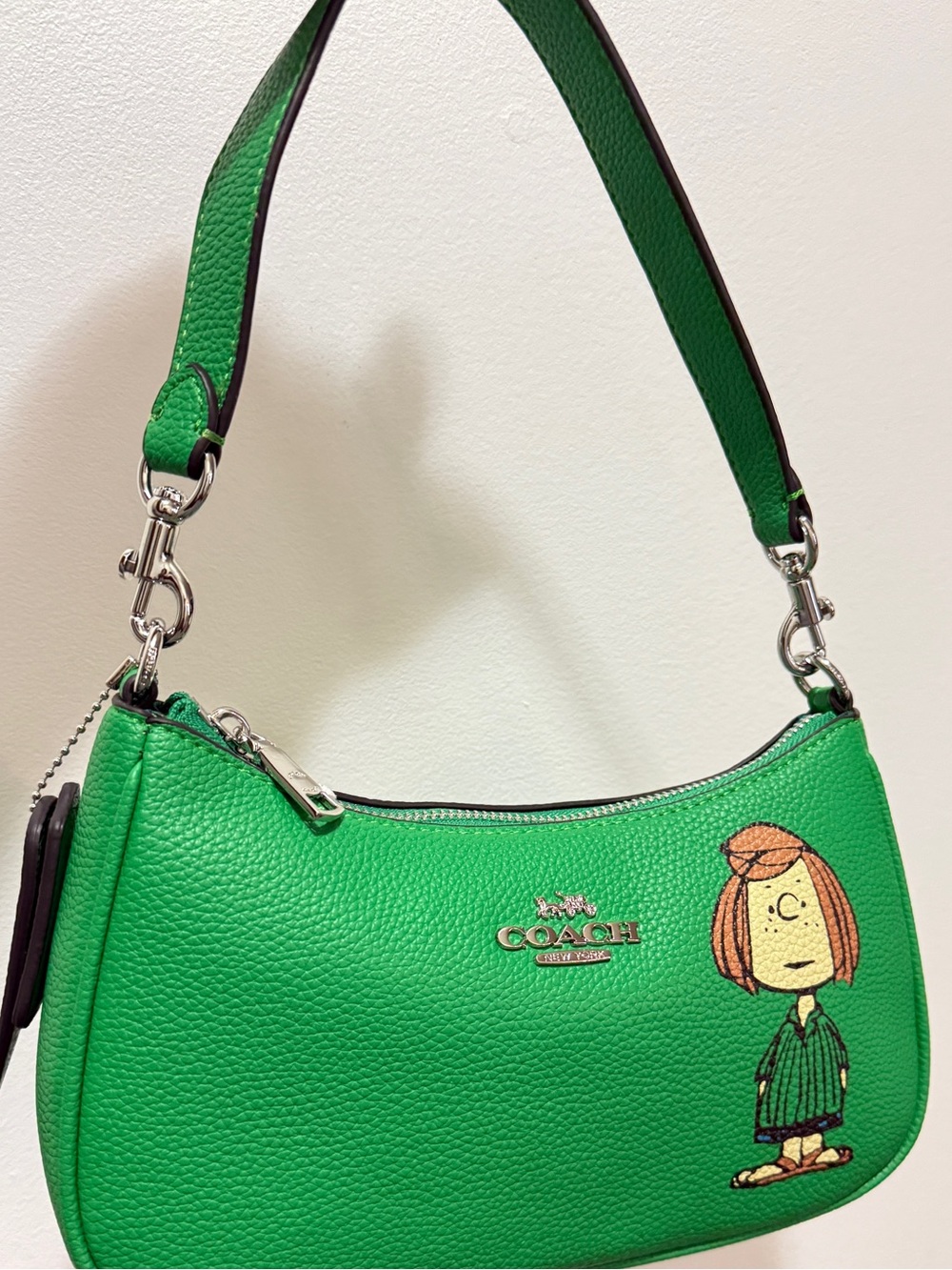 Coach Green Leather Shoulder Bag with Peanuts Character